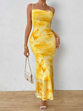 Tie-Dye Ruched Bodycon Mesh Cami Maxi Dress.