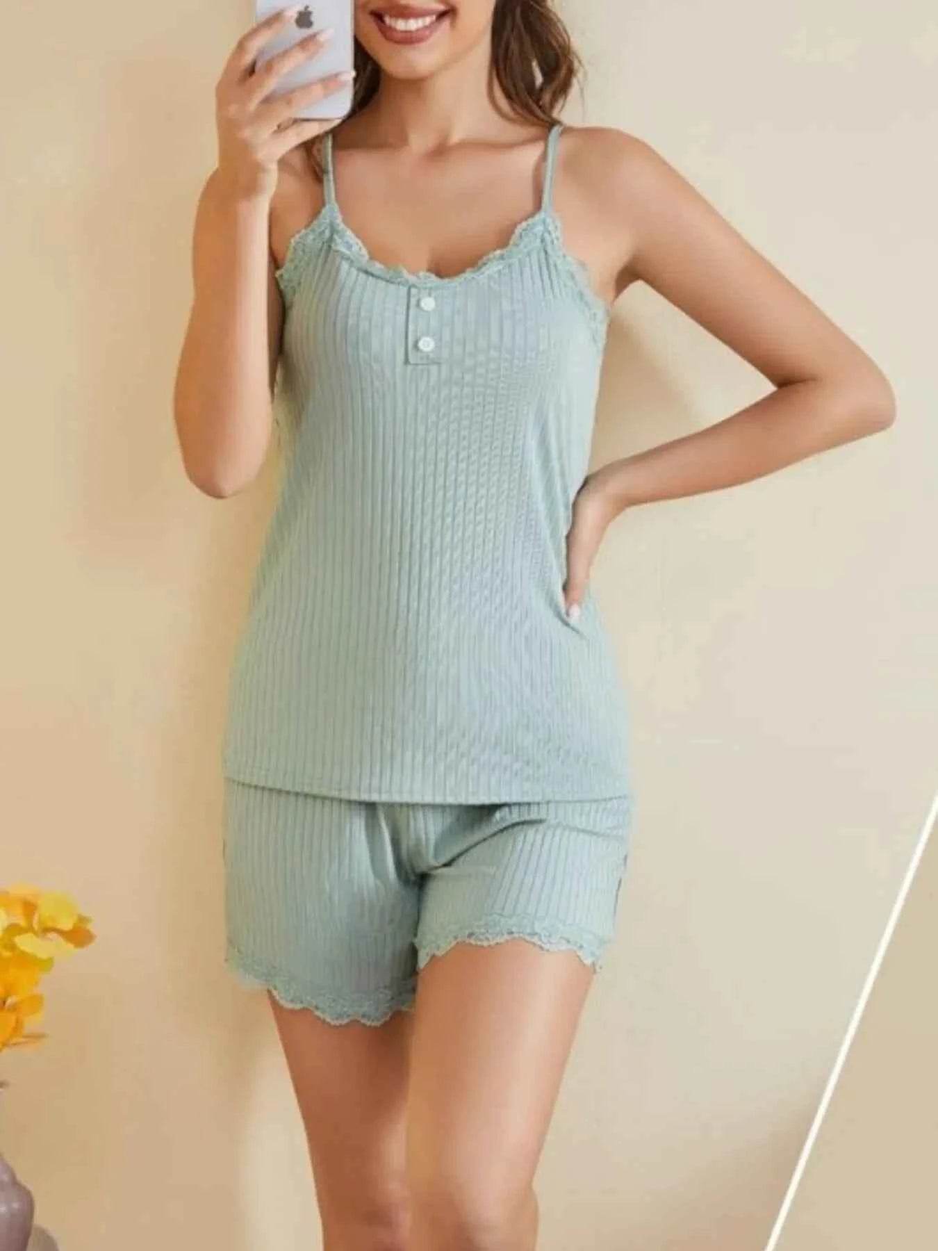 Lace Trimmed Lounge Set: Comfortable Ribbed Cami and Shorts Combination - EBYNN