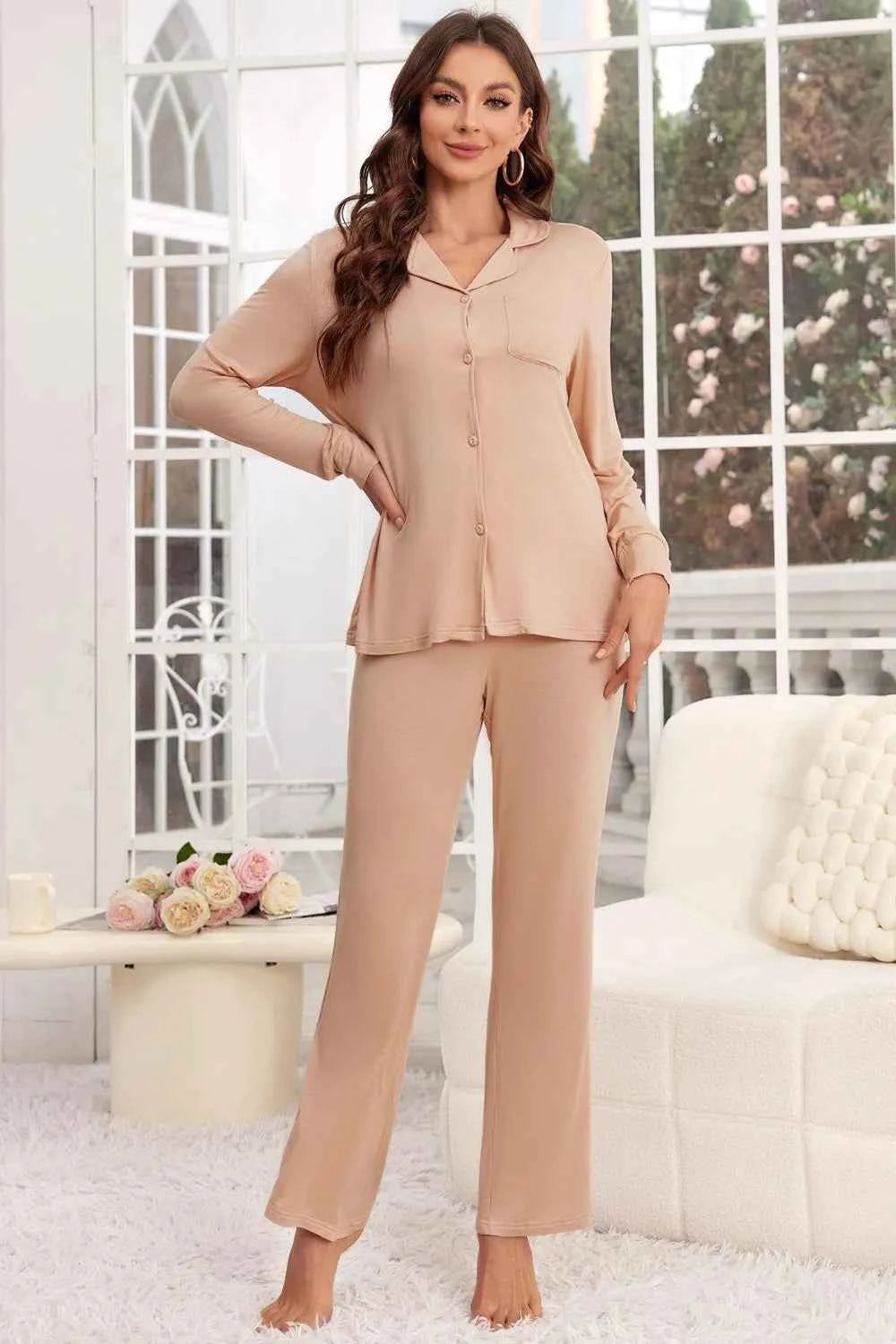 Button Up Long Sleeve Top & Pants Lounge Set.