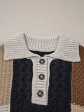 Multicolour Color Block Cable Knit Sleeve Buttons Collared Sweater.