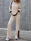 Contrast Round Neck Long Sleeve Top & Bootcut Pants Set.