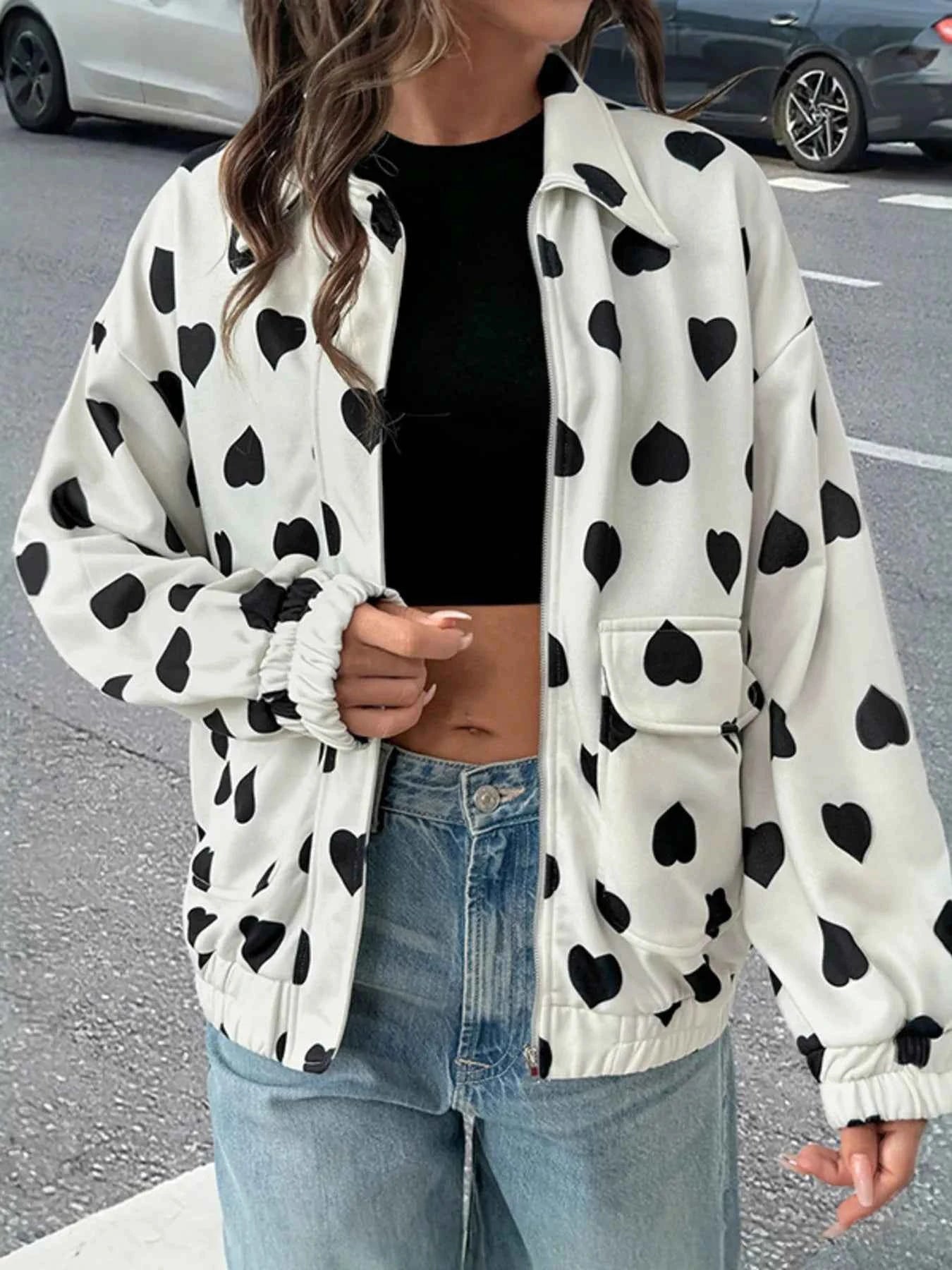 Heart Print Zip Up Jacket.