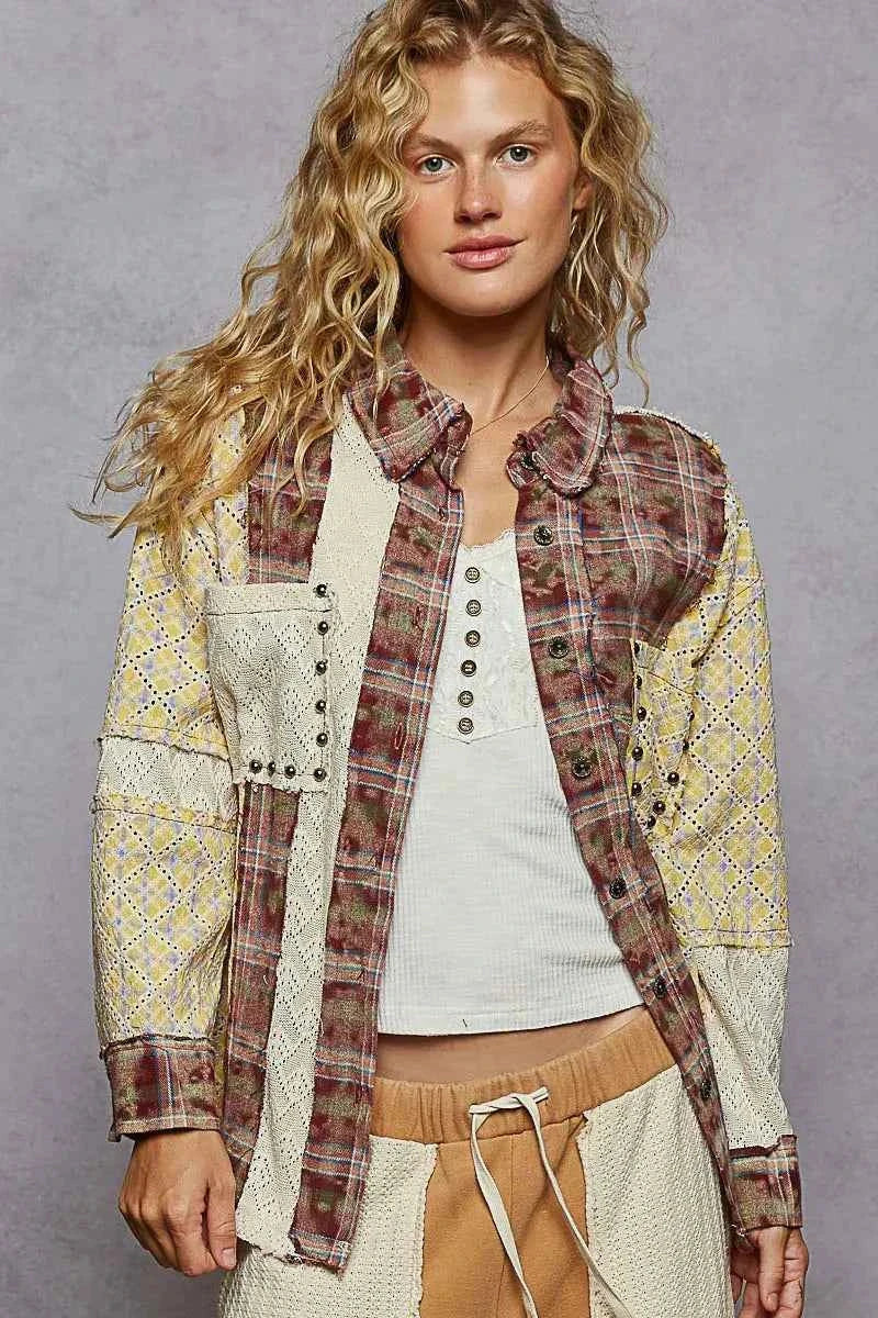 POL Studded Contrast Plaid Long Sleeve Shirt.