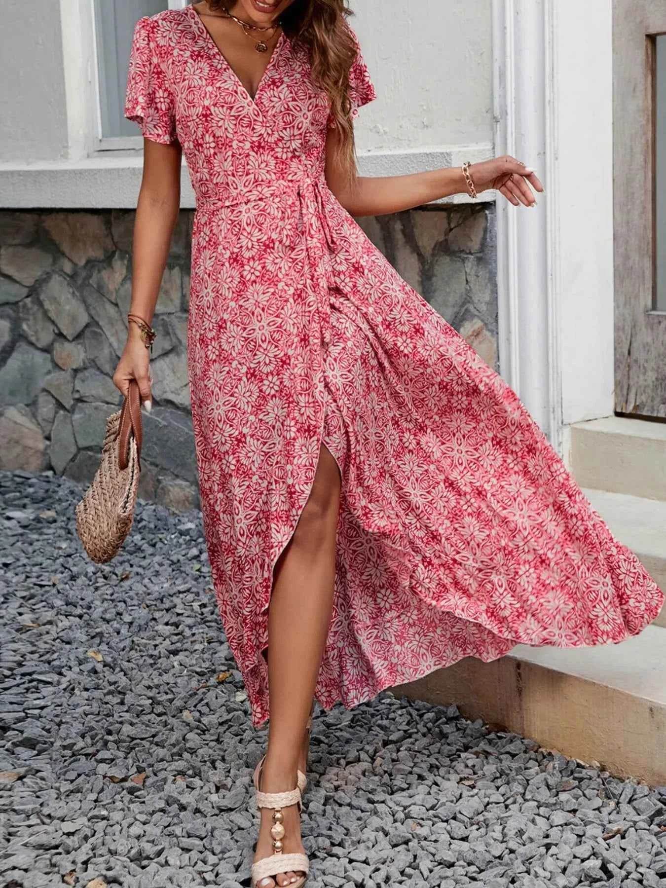 Printed Surplice Maxi Dress with Flutter Sleeves.