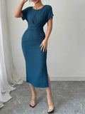 Ruched Waist Textured Midi Dress.