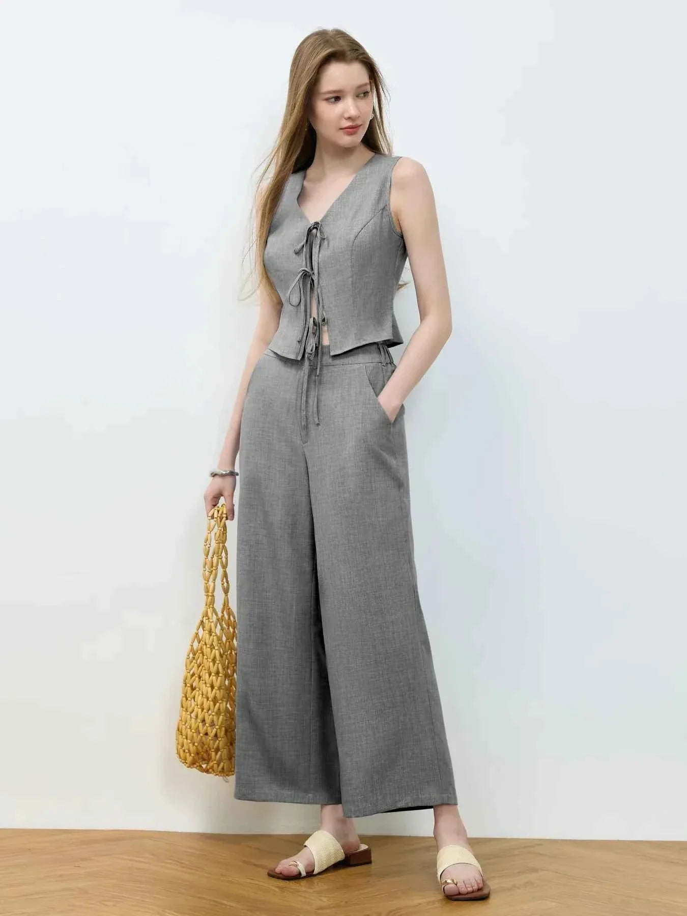 Tie Front Vest and Wide Leg Pants Set.