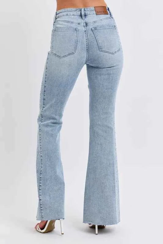 Judy Blue Plus Size Mid Rise Flare Jeans with Rhinestone Detail.