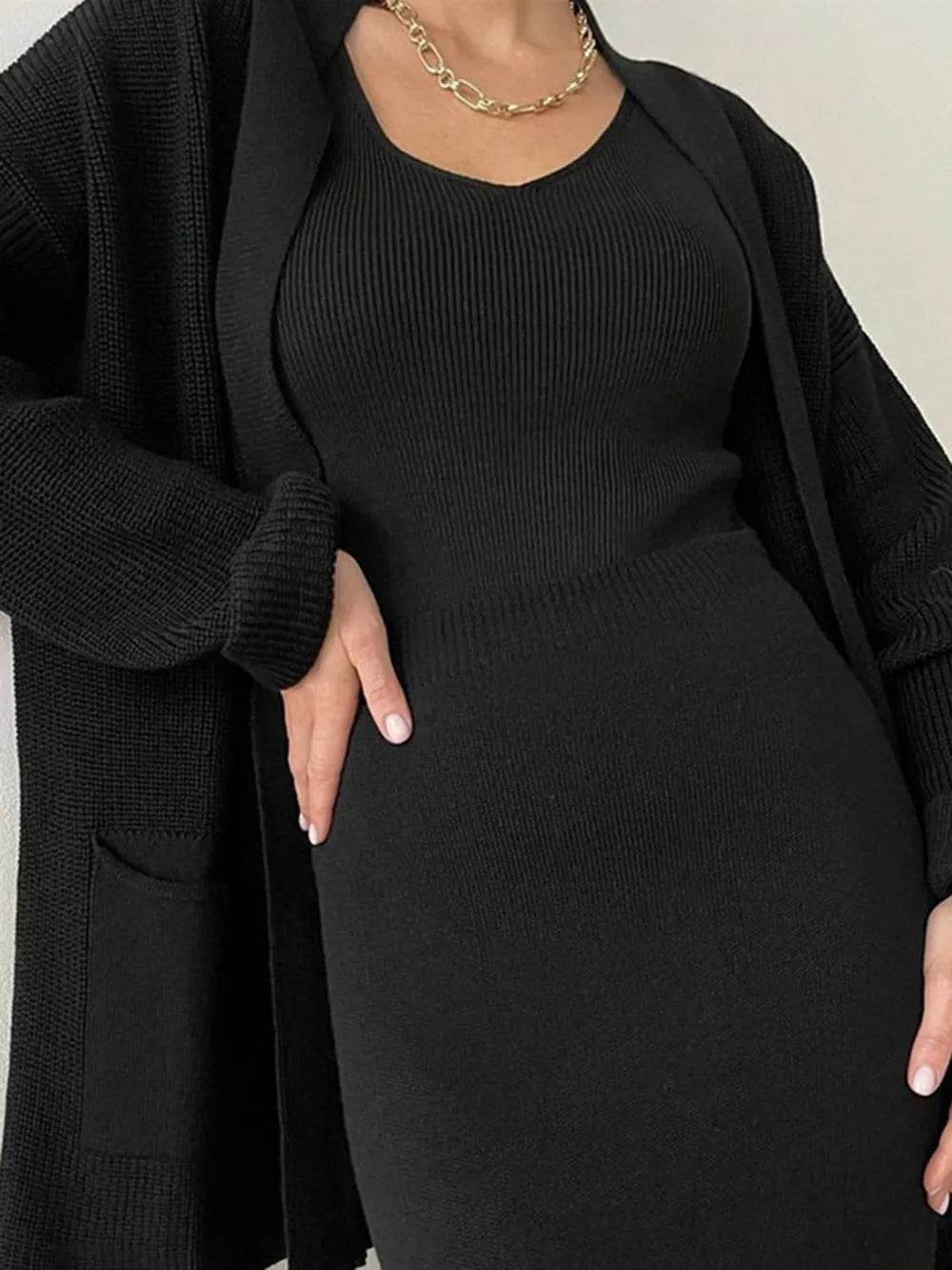 Pocketed Long Sleeve Cardigan and Skirt Sweater Set - EBYNN