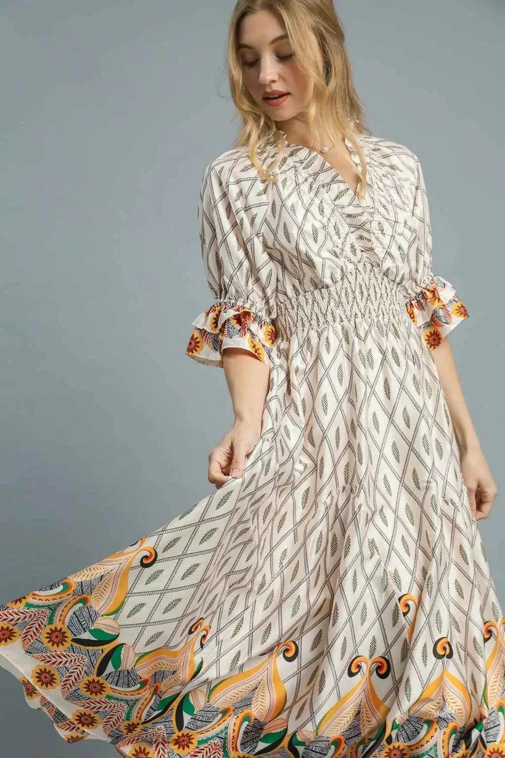 Umgee Geometric Printed Smocked Waist Midi Dress.