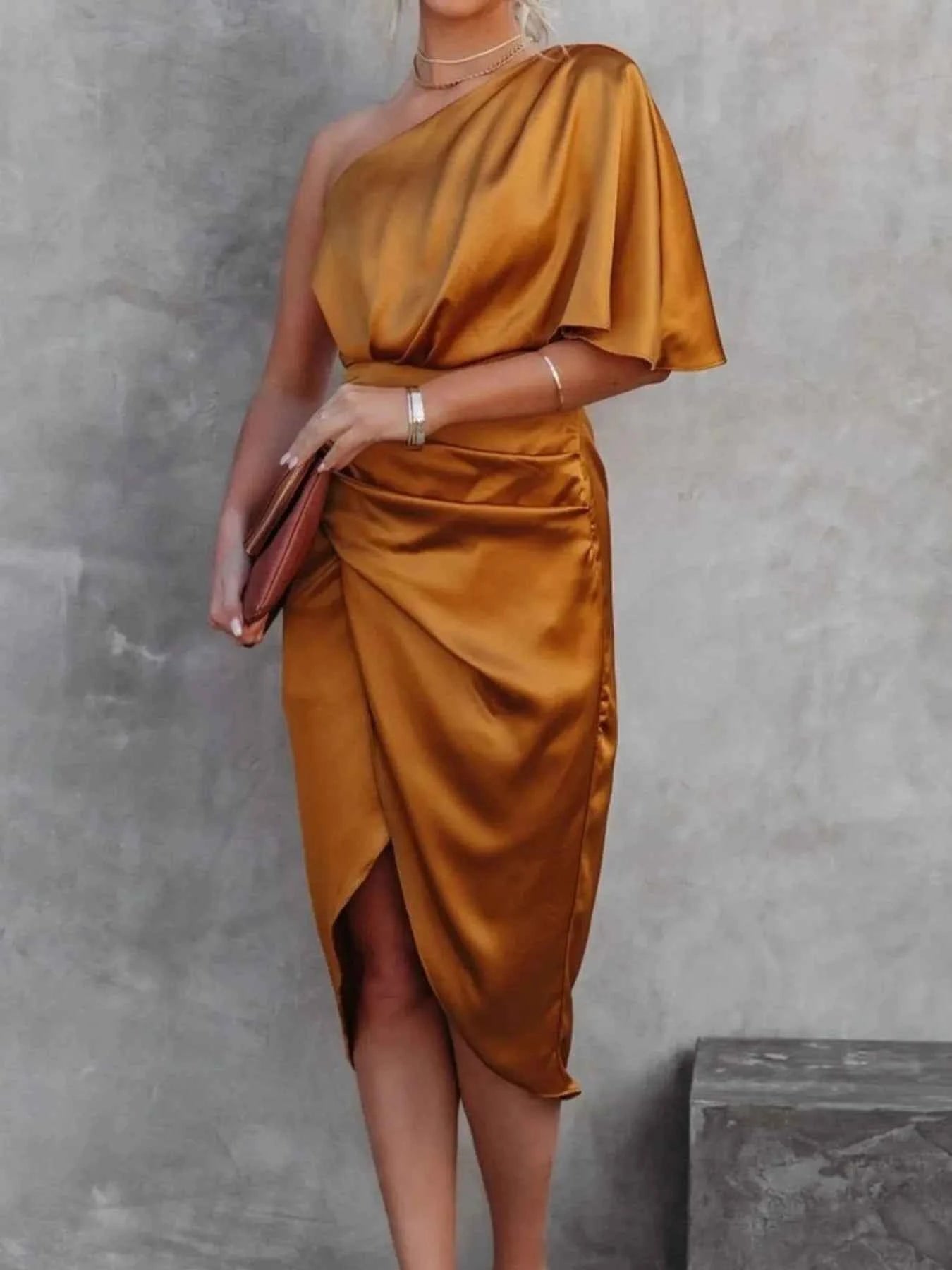 One-Shoulder Satin Wrap Dress with Side Slit.