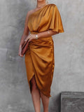 One-Shoulder Satin Wrap Dress with Side Slit.