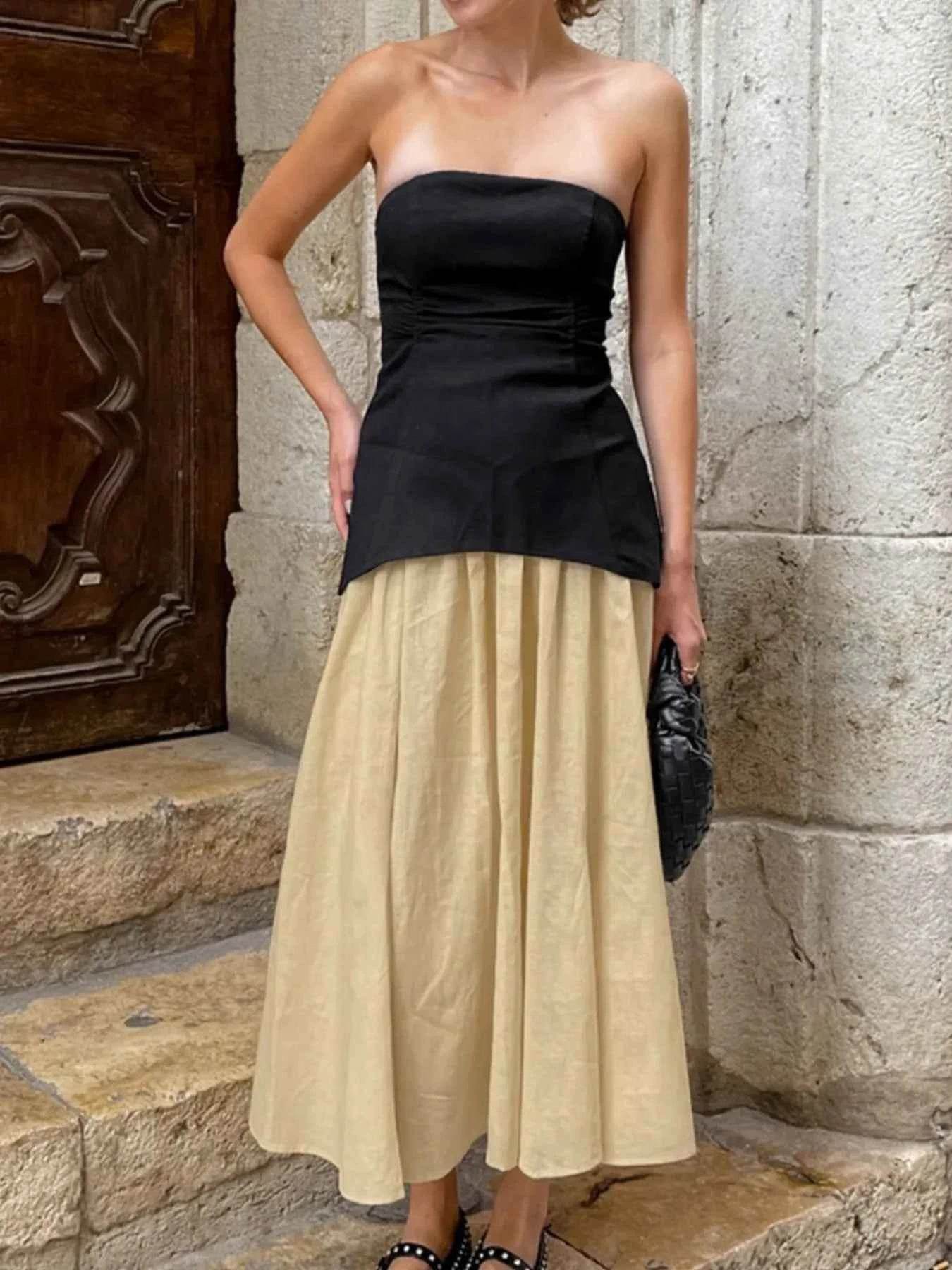 Back Zipper Tube Top Set with Midi Skirt for Effortless Style - EBYNN