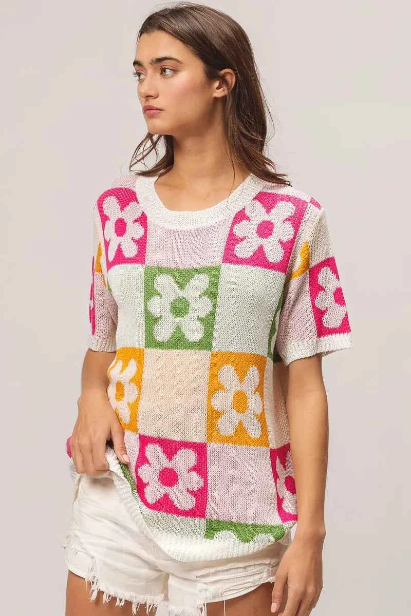 BiBi Floral Checker Pattern Lightweight Pullover Sweater.