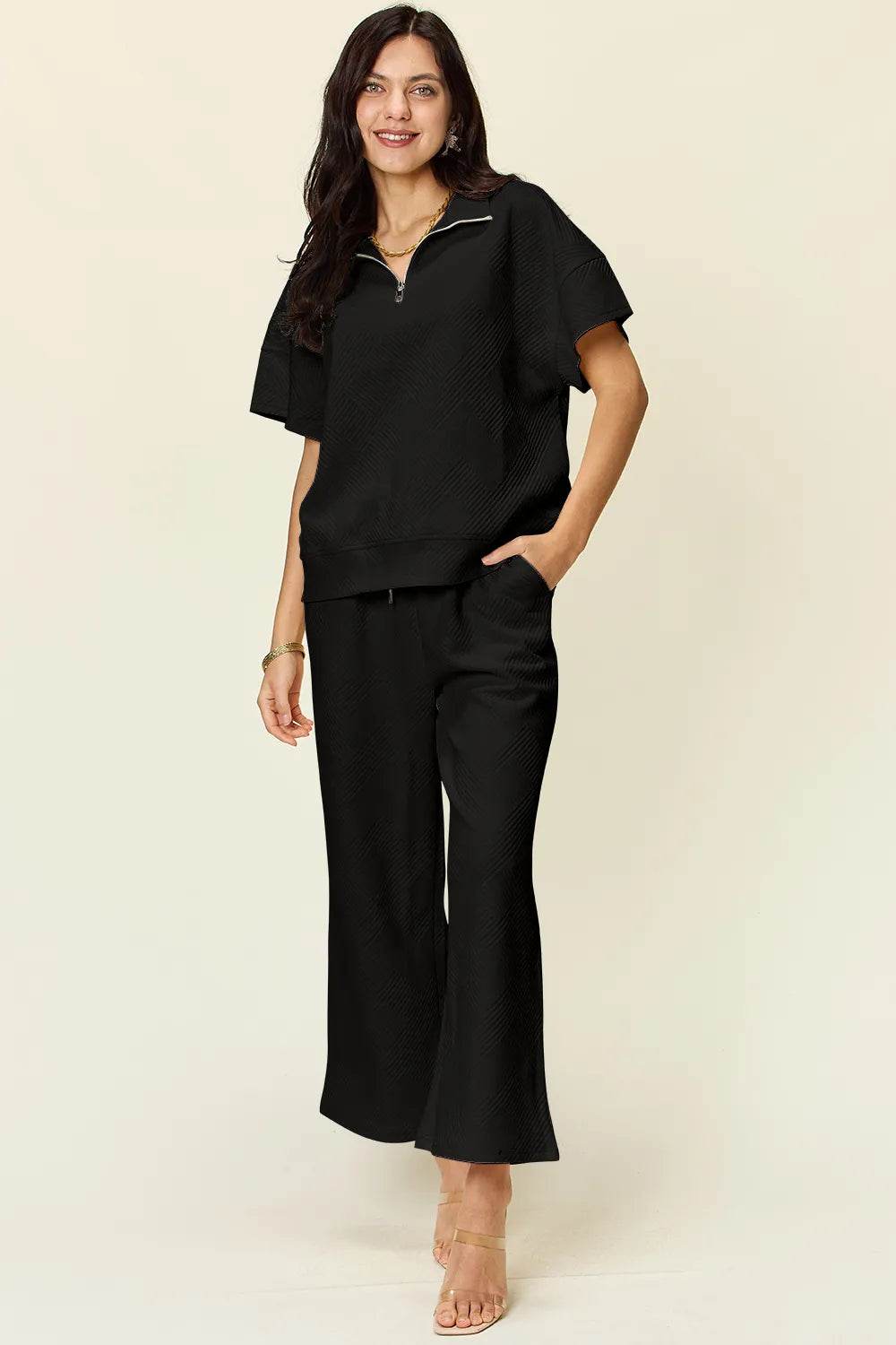 Double Take Texture Half Zip Set with Full Size Top and Pants - EBYNN