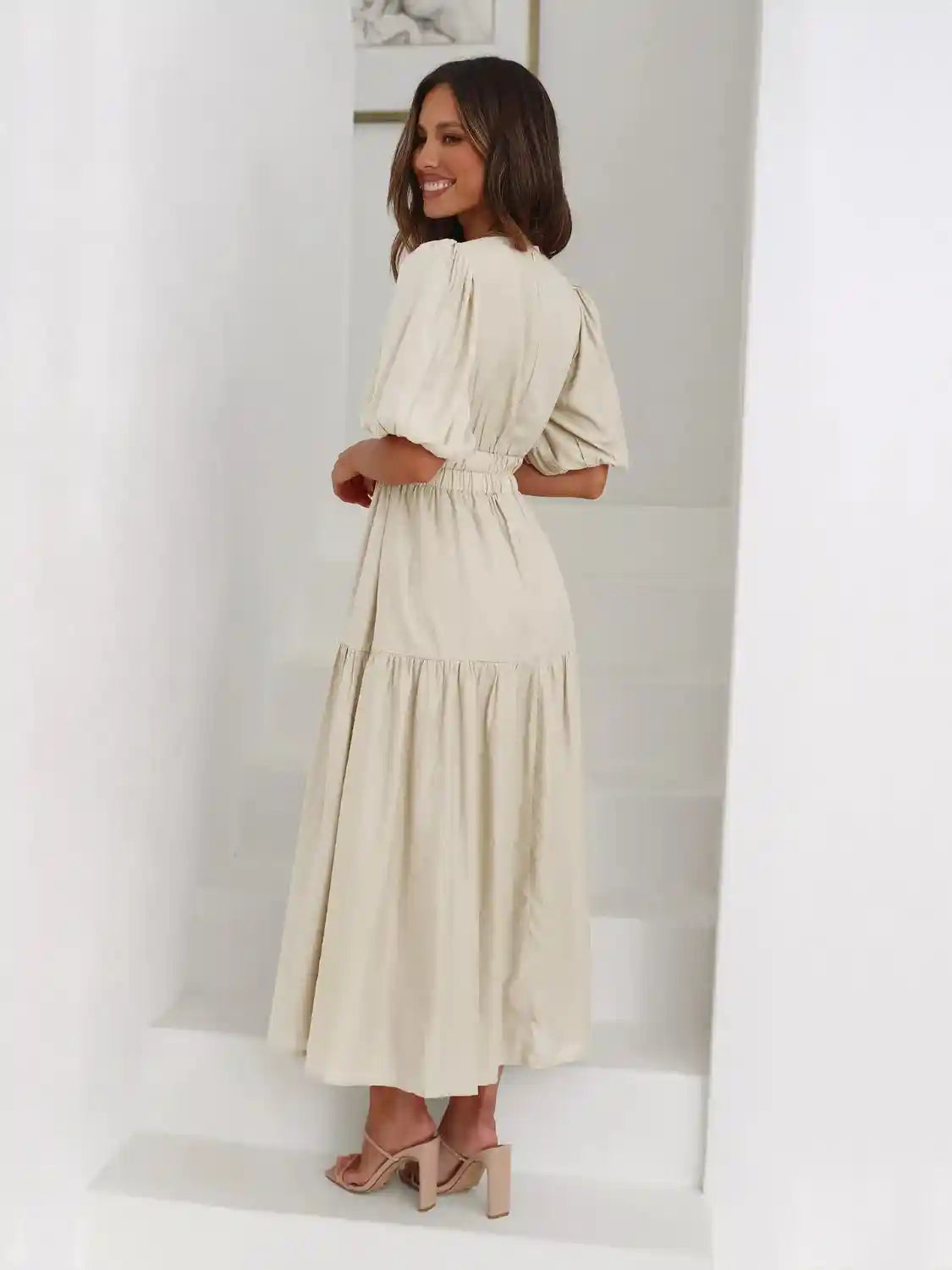 Tiered Surplice Half Sleeve Midi Dress.