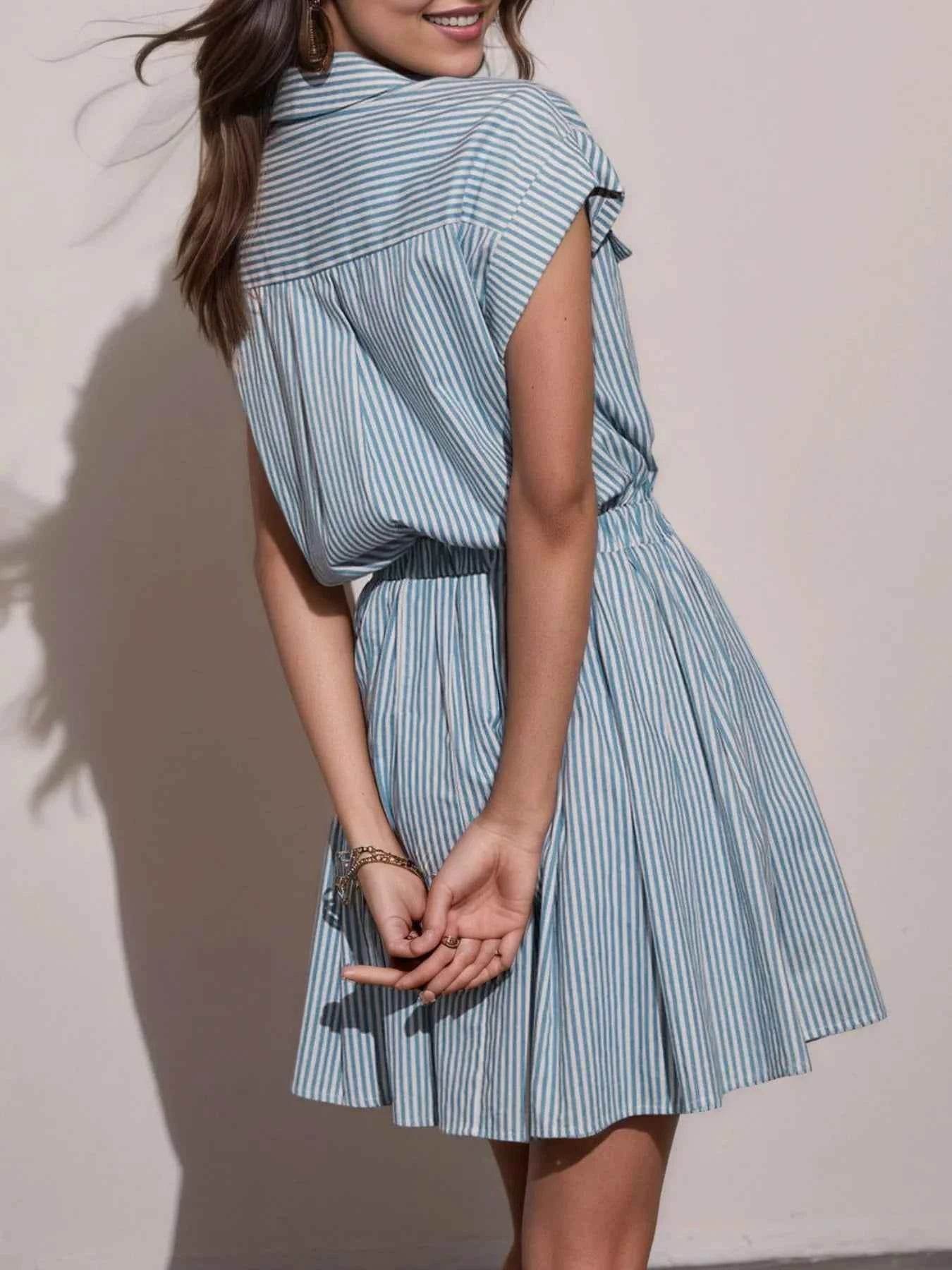 Half Button Striped Cap Sleeve Mini Shirt Dress.