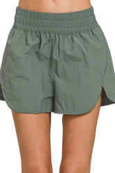 Zenana Smocked Waistband Windbreaker Running Shorts.