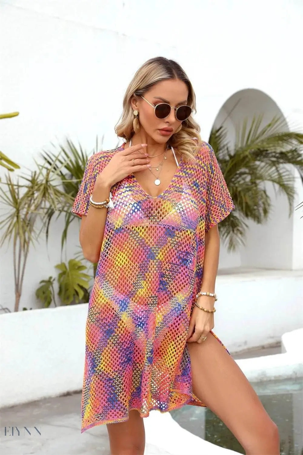 Vibrant Angel Wings Mesh Beach Cover-Up with Short Sleeves and Colorful Design for Summer Outings