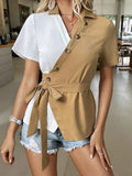 Two-Tone Short Sleeve Blouse with Tie Waist.