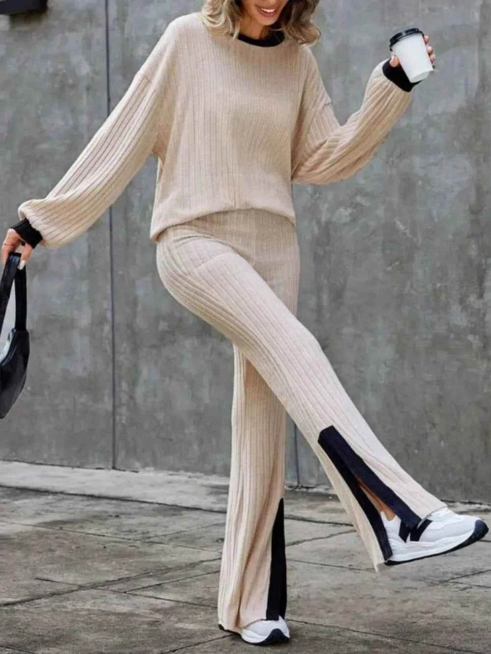 Contrast Round Neck Long Sleeve Top & Bootcut Pants Set.