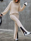 Contrast Round Neck Long Sleeve Top & Bootcut Pants Set.