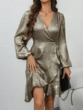 Ruffled Hem Surplice Long Sleeve Dress.