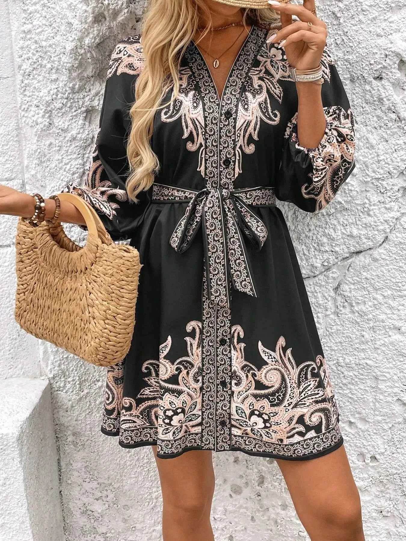 Printed V-Neck Balloon Sleeve Mini Dress.