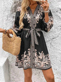 Printed V-Neck Balloon Sleeve Mini Dress.