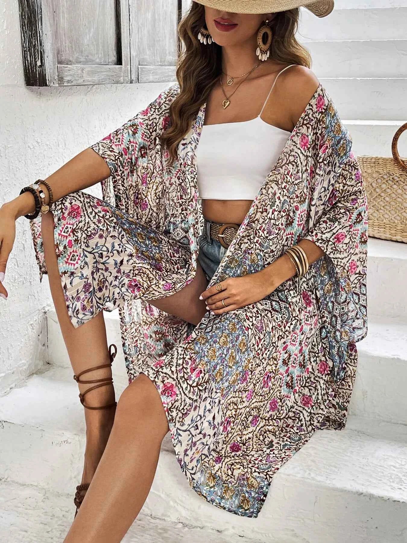 Floral Print Open Front Cover Up.