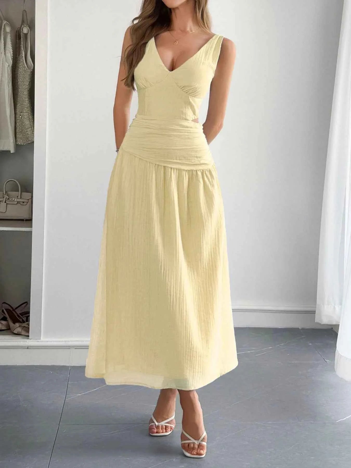 Cutout V-Neck Sleeveless Midi Dress.