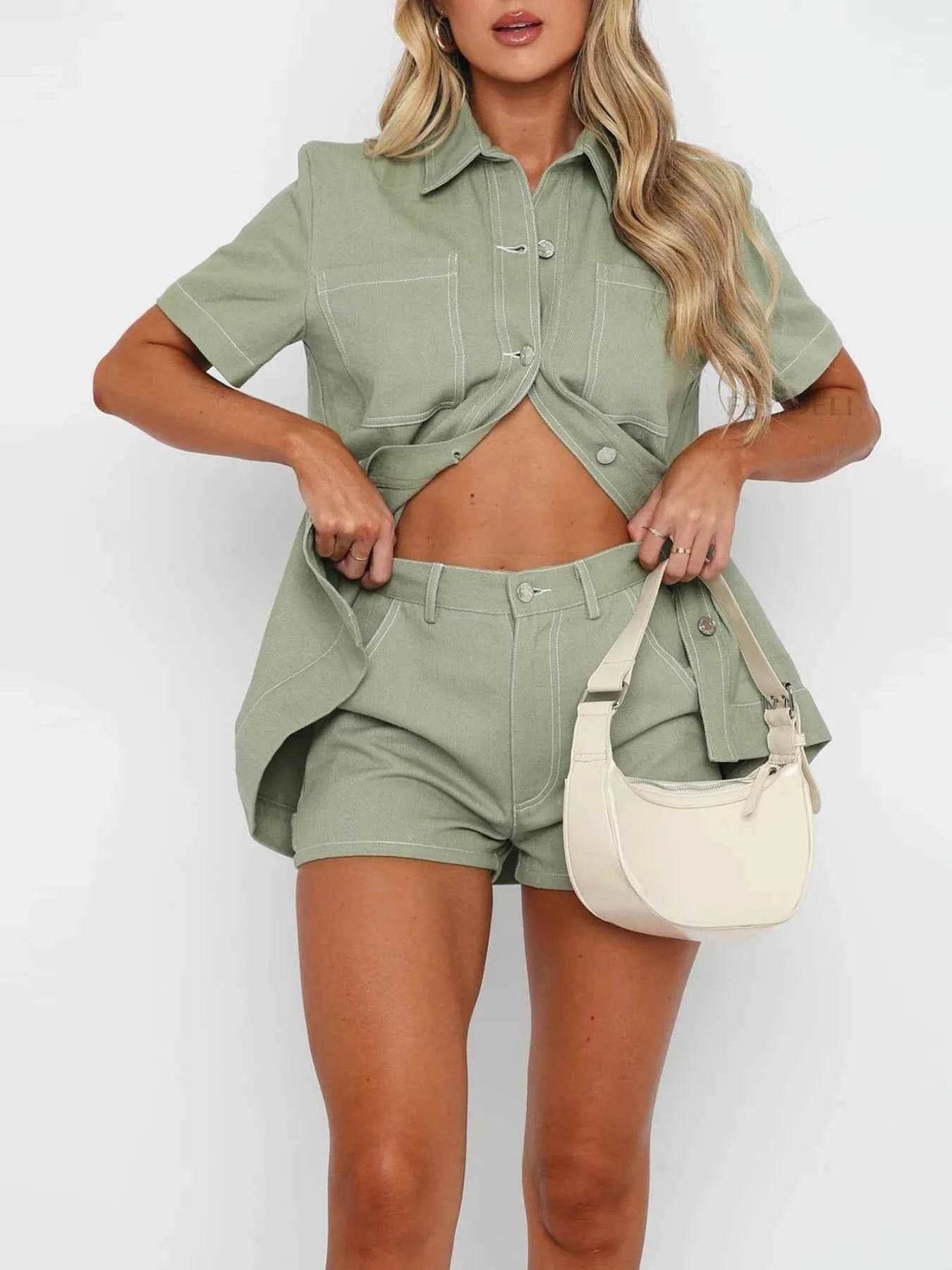 Button Up Denim Set: Short Sleeve Top and Shorts for Effortless Style - EBYNN
