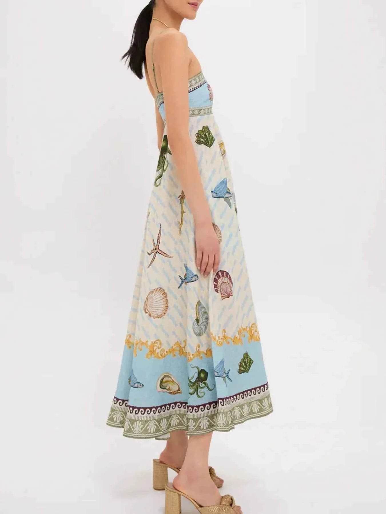 Ocean Print Spaghetti Strap Midi Dress.