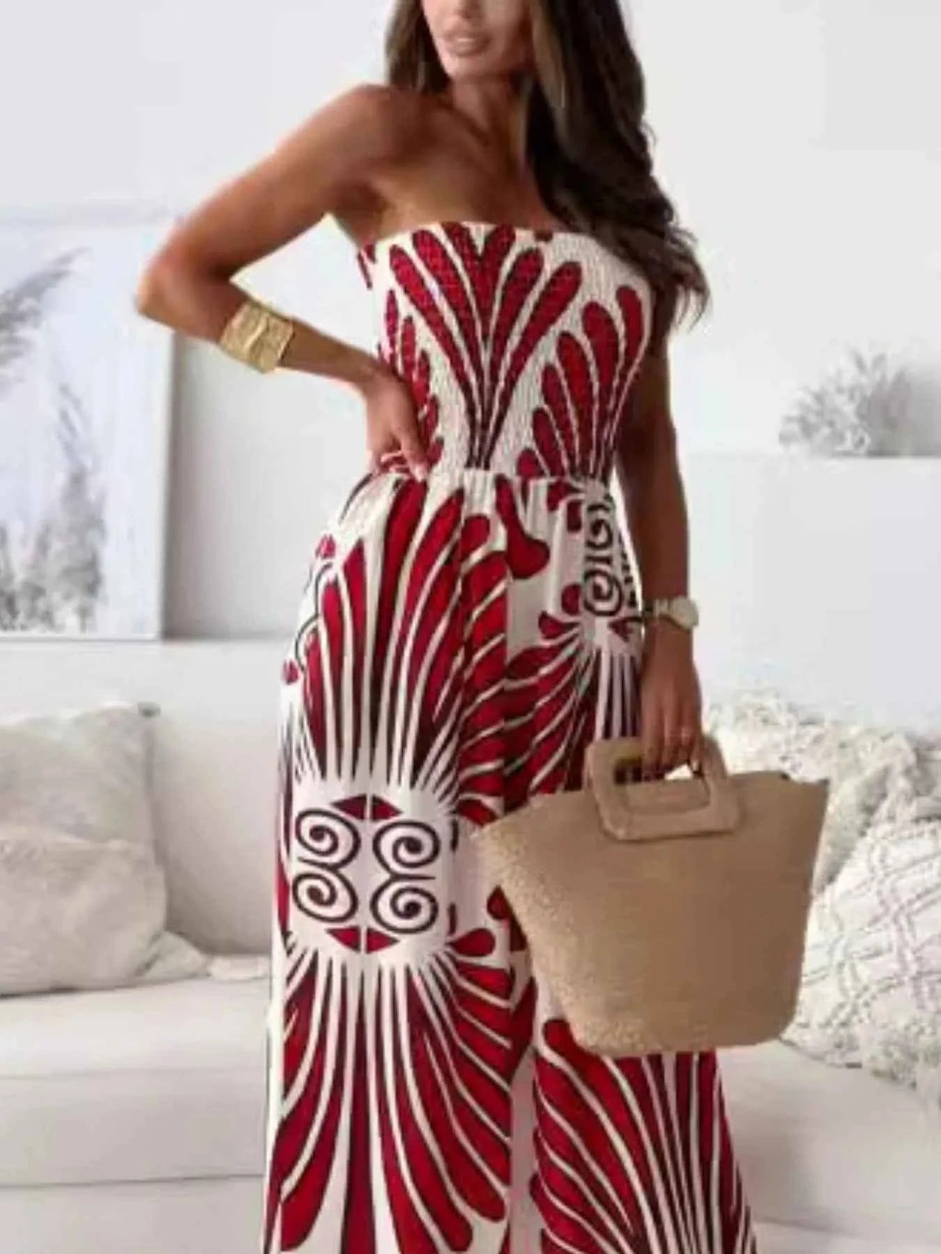 Printed Smocked Tube Wide Leg Jumpsuit.