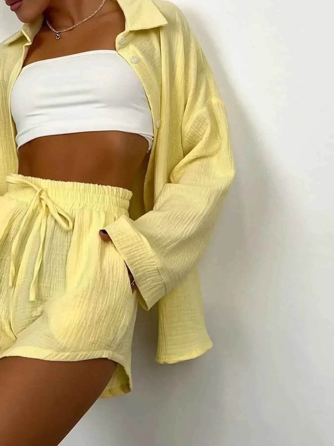 Texture Button Up Shirt and Shorts Set - EBYNN