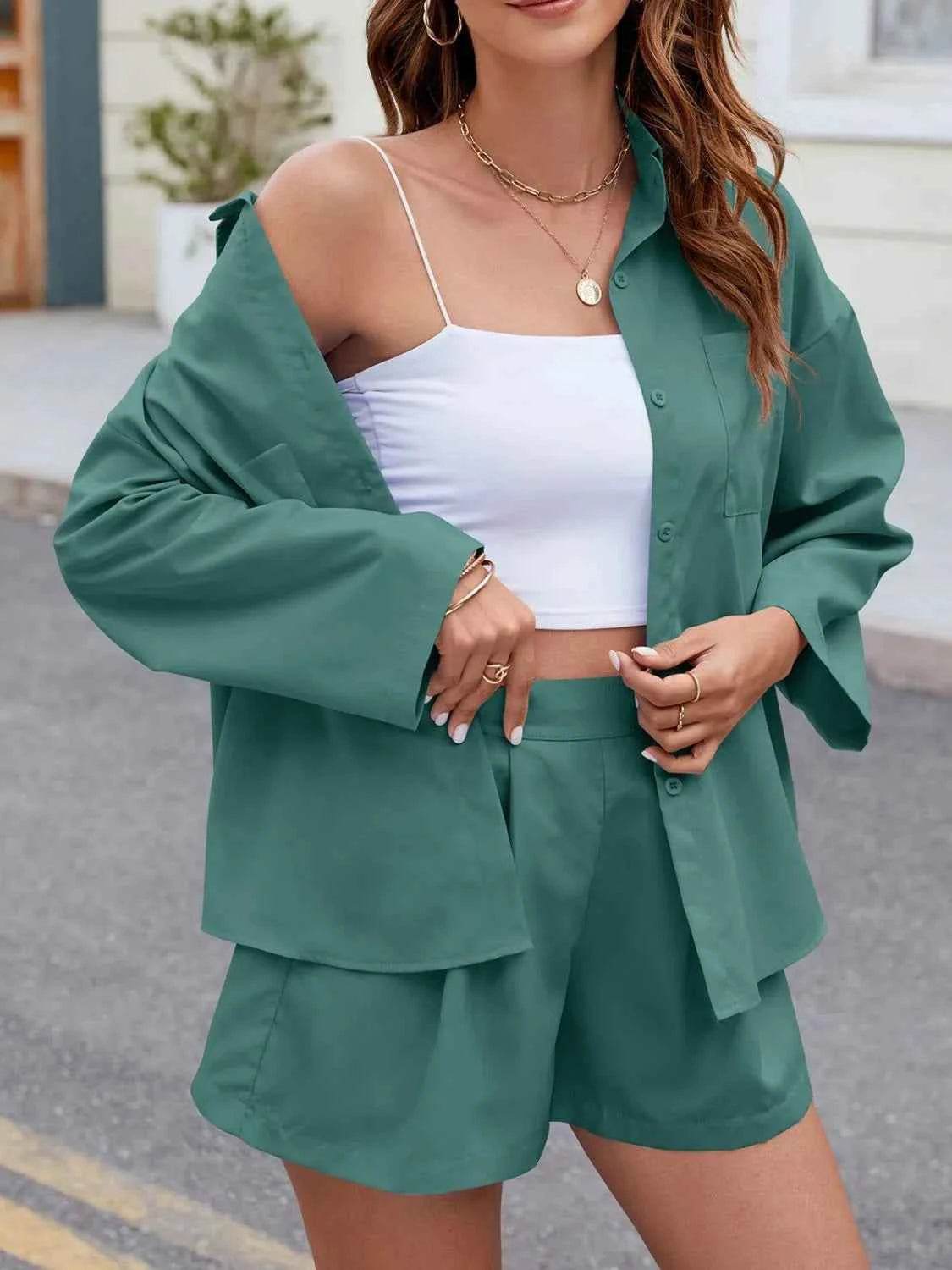 Button Up Long Sleeve Top and Shorts Set - EBYNN