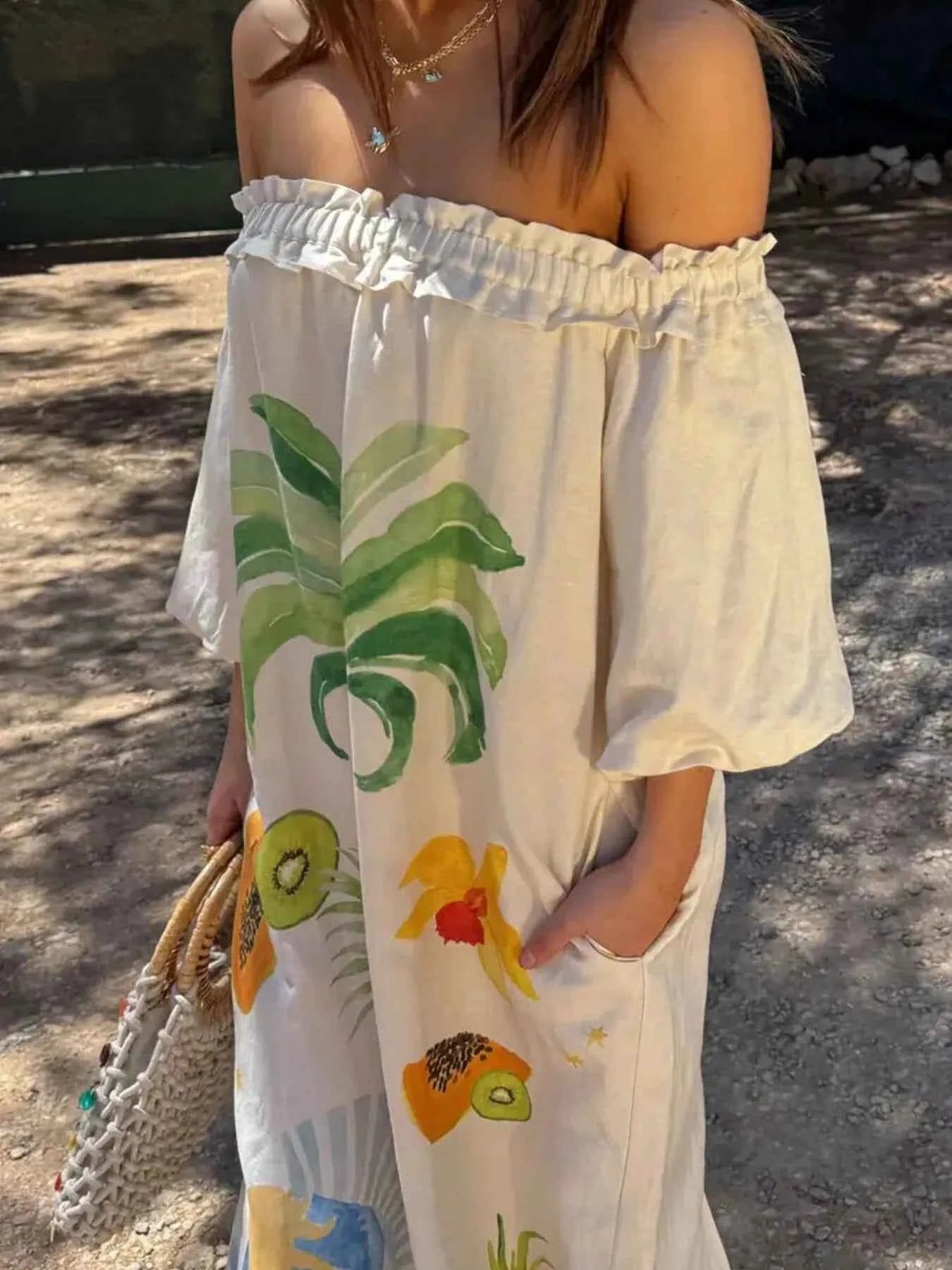 Frill Printed Off-Shoulder Dress.