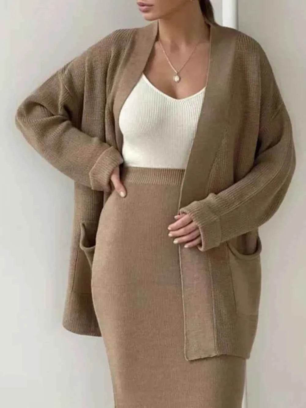 Pocketed Long Sleeve Cardigan and Skirt Sweater Set.