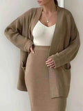 Pocketed Long Sleeve Cardigan and Skirt Sweater Set.
