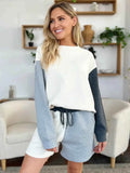 Double Take Contrast Drop Shoulder Set - Full Size Top & Shorts Combo - EBYNN
