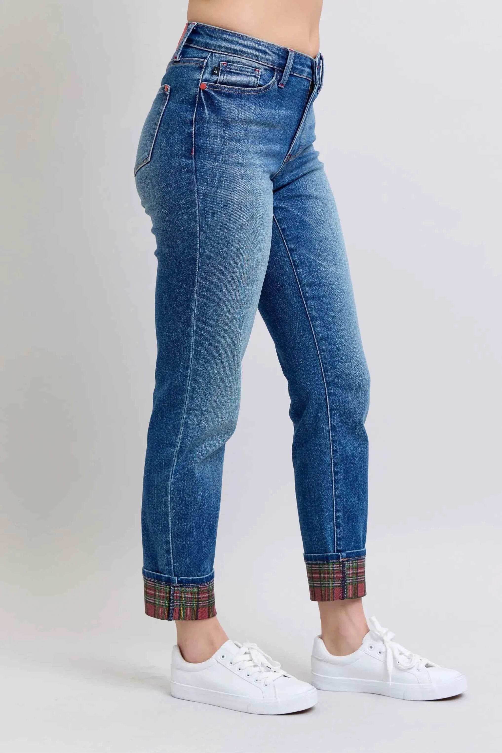 Judy Blue Plus Size Mr Plaid Print Cuff Boyfriend Jeans.