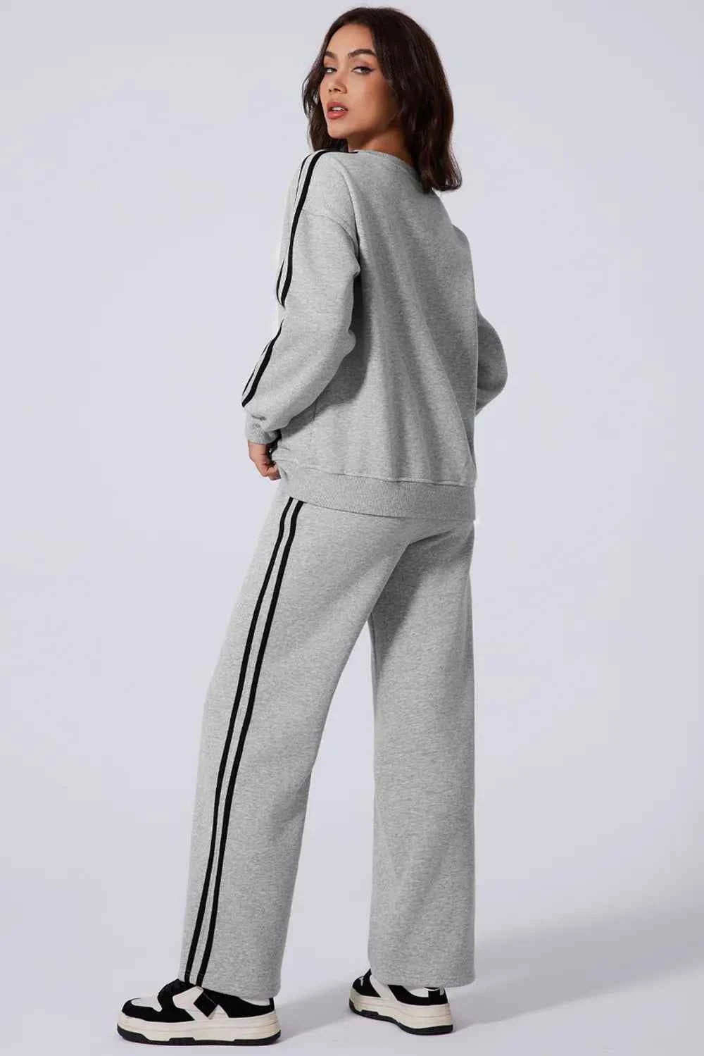 Side Striped Round Neck Active Set - Top & Pants.