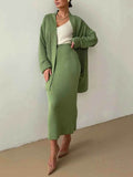 Pocketed Long Sleeve Cardigan and Skirt Sweater Set.