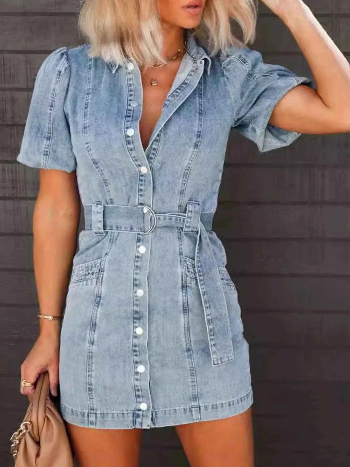 Button-Up Puff Sleeve Denim Shirt Dress.