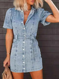 Button-Up Puff Sleeve Denim Shirt Dress.