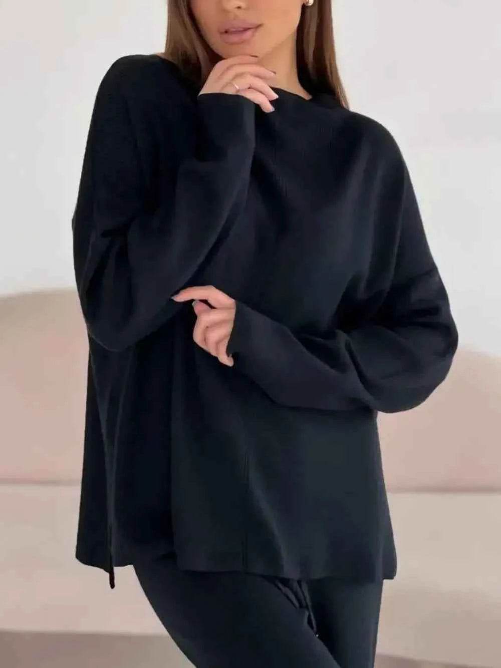 Slit Mock Neck Top and Pants Sweater Set - EBYNN