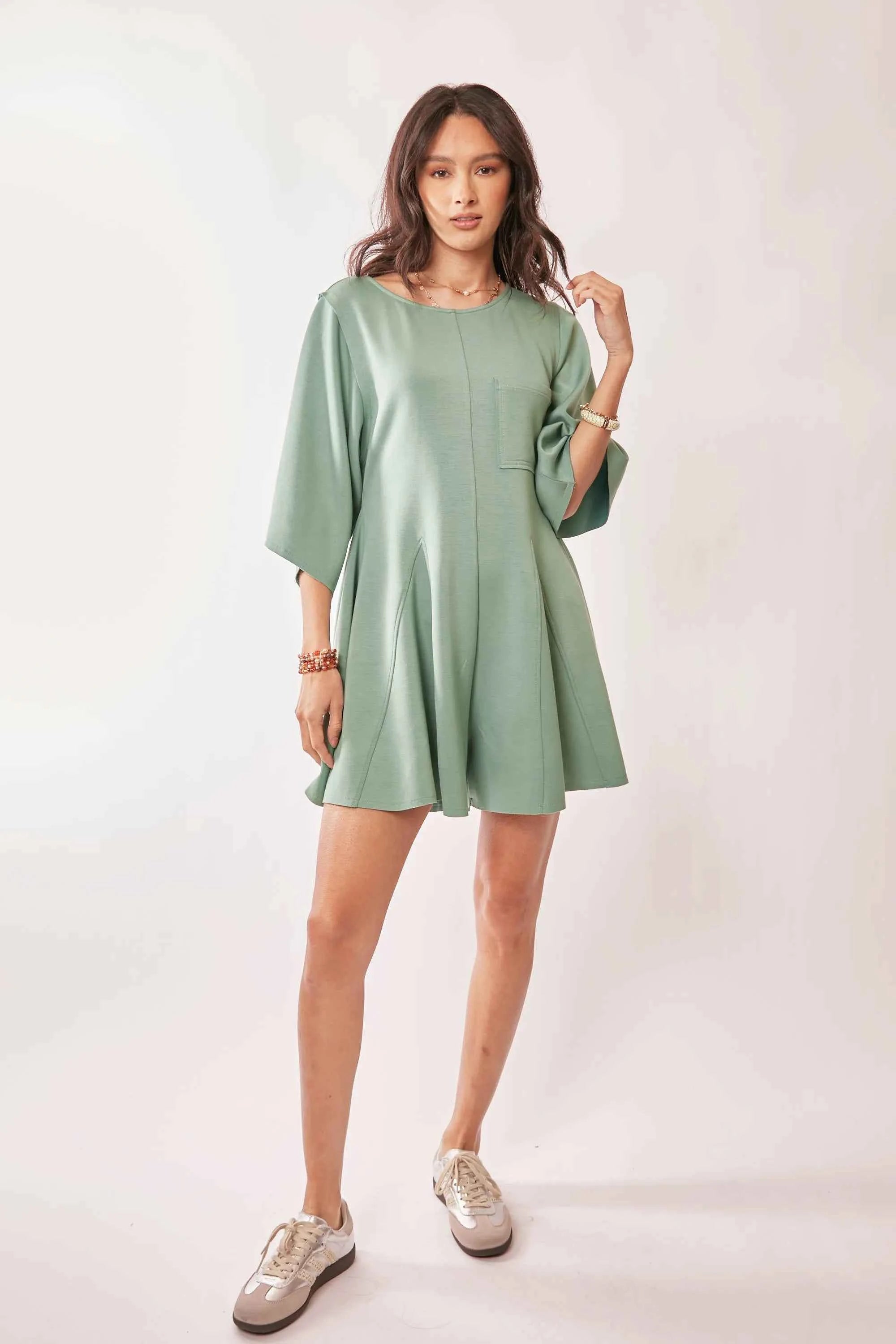 Davi & Dani Sage Green Draped Sleeve Skort Romper.