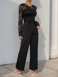 Perfee Lace Round Neck Long Sleeve Jumpsuit.