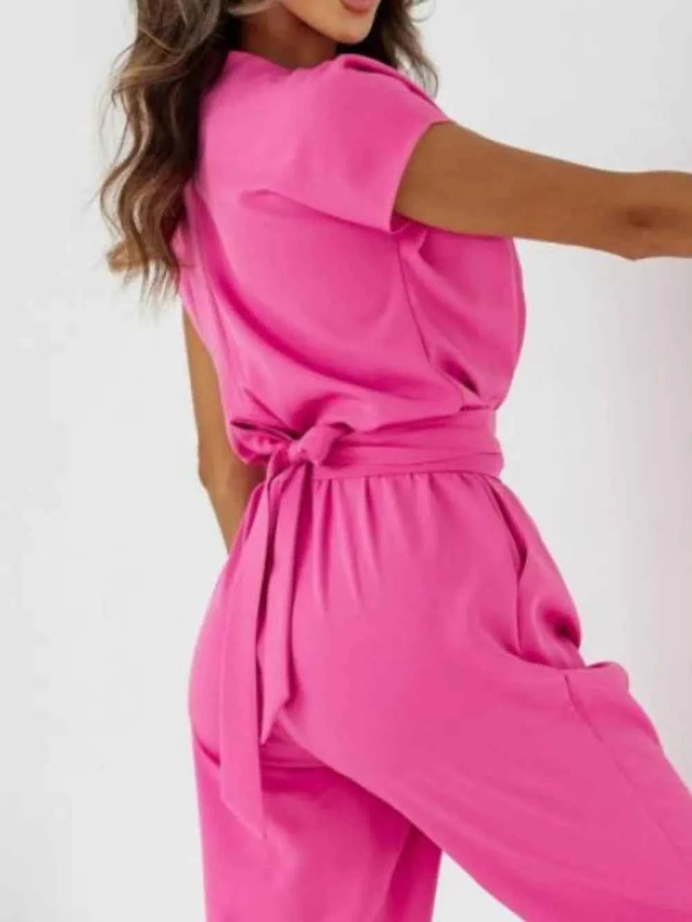 Surplice Cap Sleeve Tie Waist Jumpsuit.