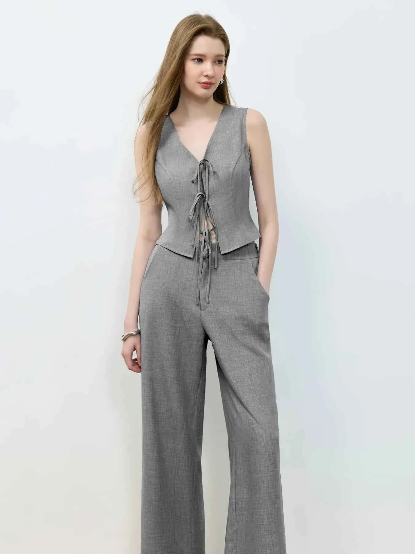 Tie Front Vest and Wide Leg Pants Set.