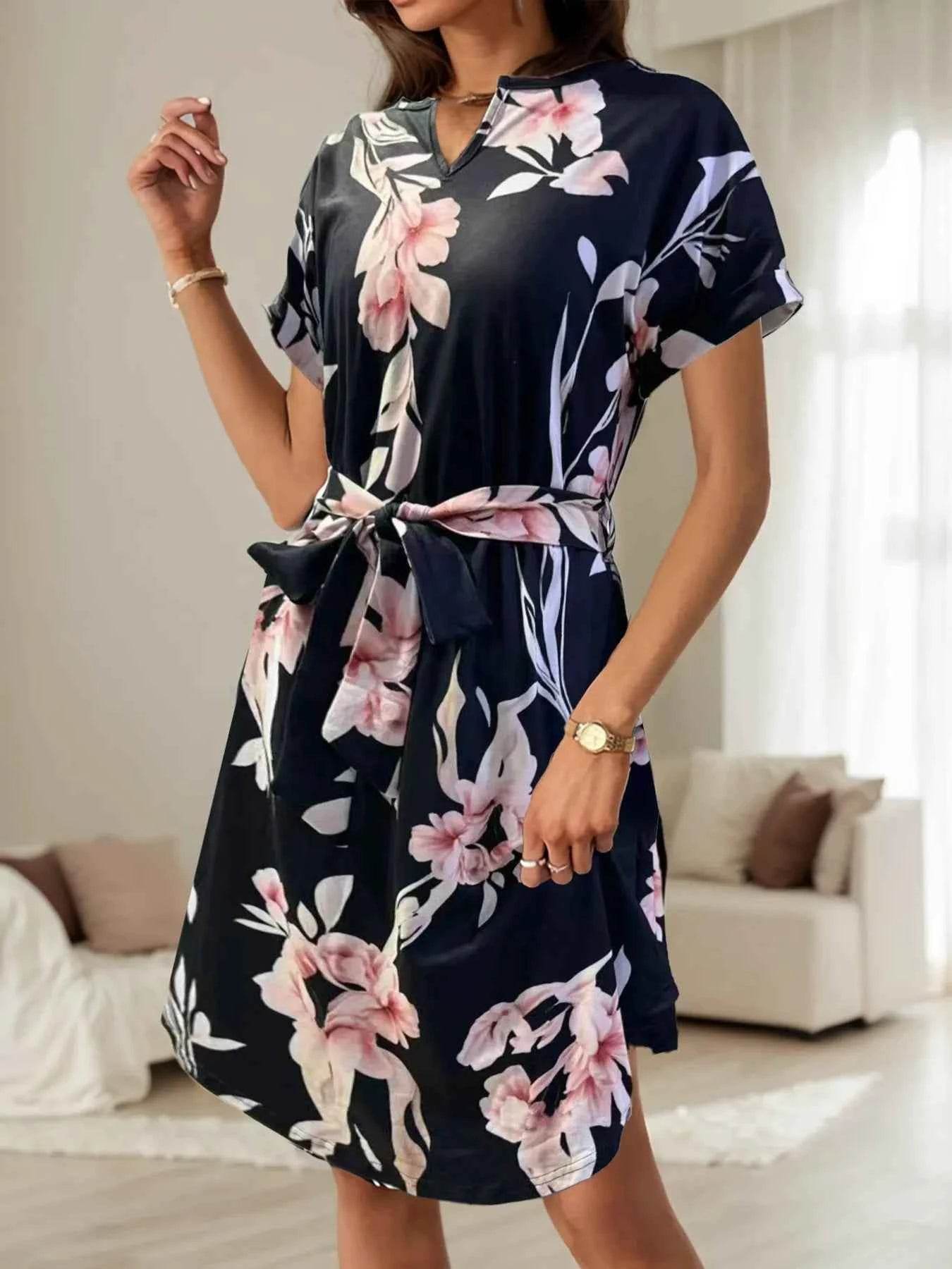 Abstract Print Belted Midi Dress - Short Sleeve.